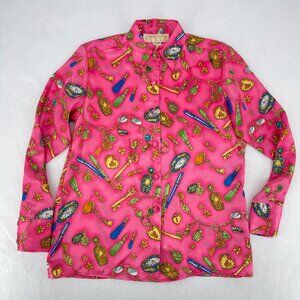 Vintage 80s California Style Blouse Pink Chain Charm Novelty Print Made in USA